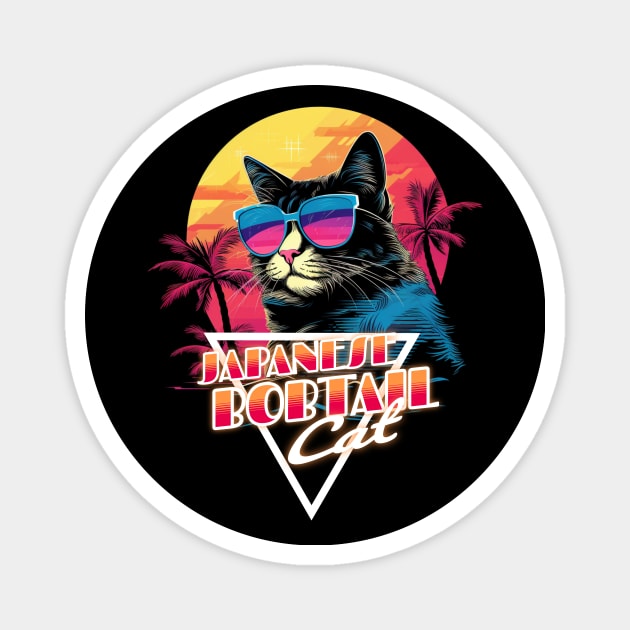 Retro Wave Japanese Bobtail Cat Miami Shirt Magnet by Miami Neon Designs